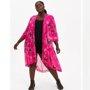 Torrid Hot Pink Sugar Skull Chiffon Kimono Kimono Sz 3